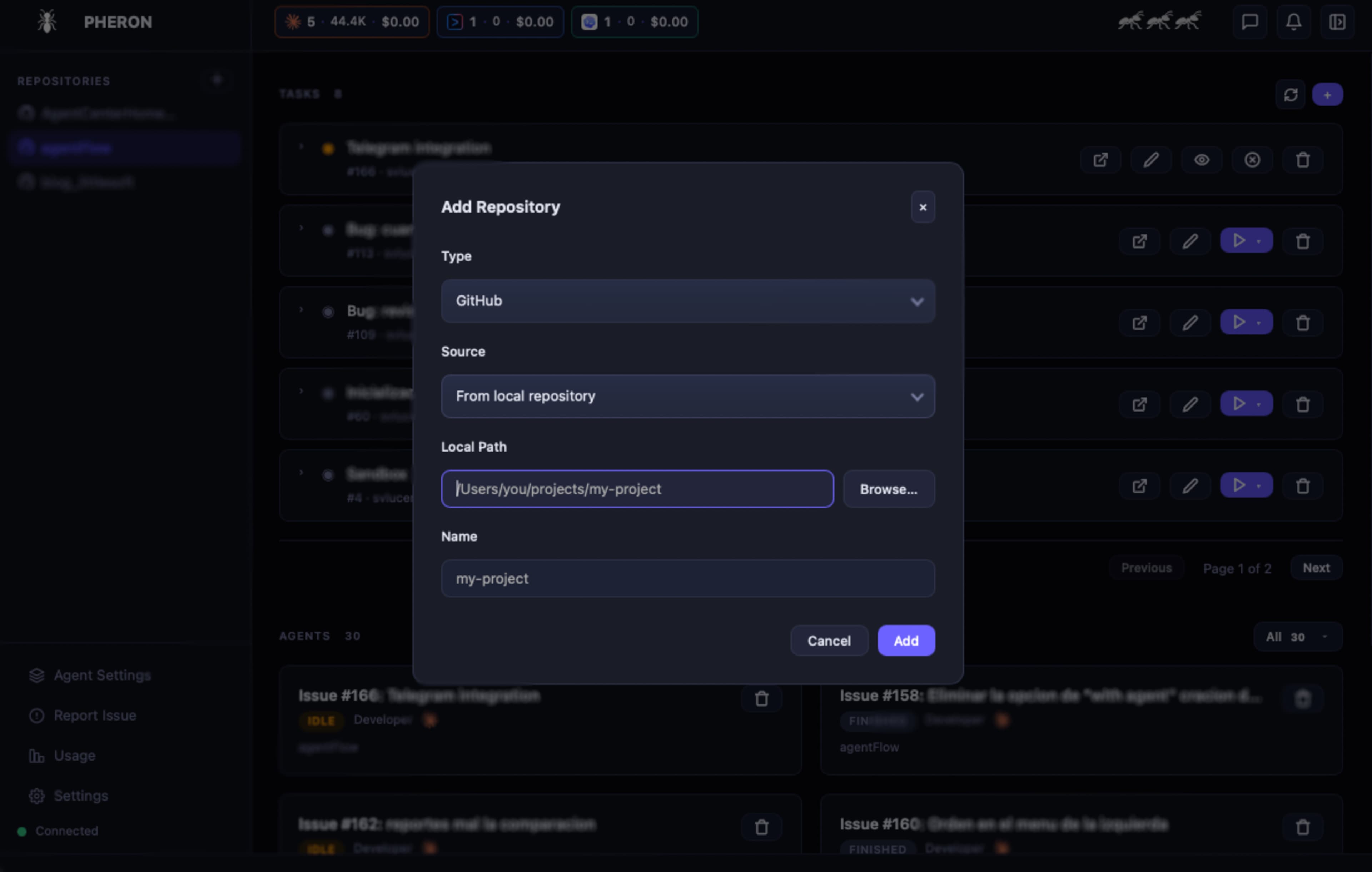 Repository connection screen